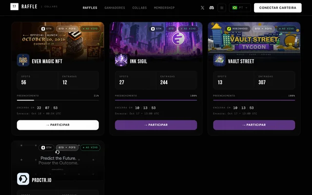 Cards de raffles com spots, entradas, tempo restante e botão de participar