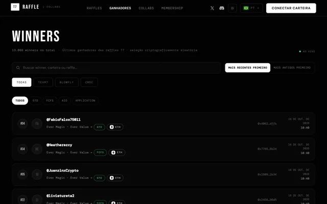 Página de winners com busca, filtros e vencedores recentes